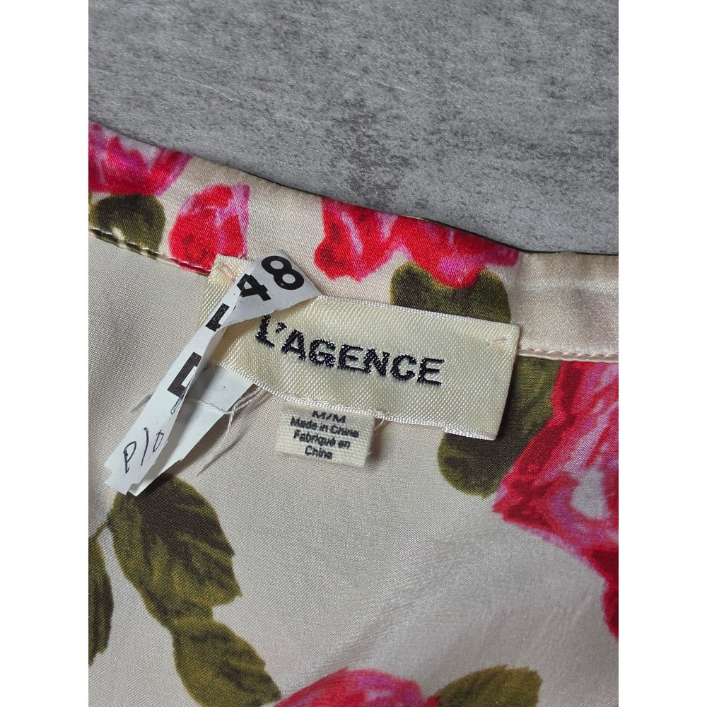 L'AGENCE 100% Silk Pink Rose Floral Top Womens M Split Neck Champagne *AS IS* - Picture 6 of 12